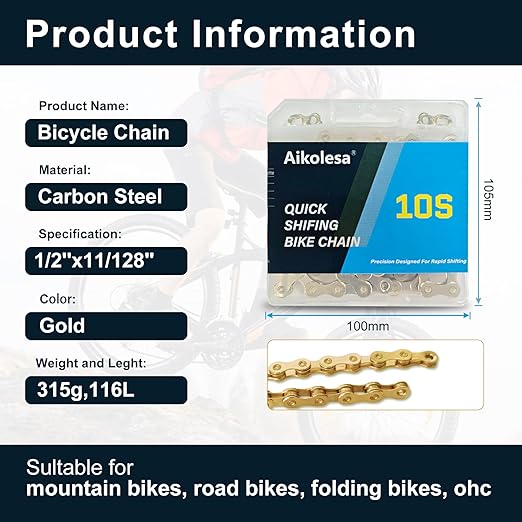 10 Speed Gold Bike Chain 1/2" x 3/32" 116 Links Bicycle Chain for Road Mountain Folding Racing Cycling Bikes (Gold-10 Speed)