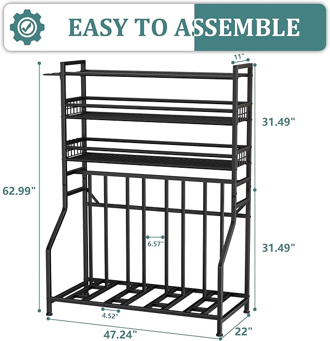 GIOTORENT Bike Rack Garage, 4-Bicycle Stand with 3-Tier Storage Rack, Adjustable Bike Storage for Mountain, Road, Commuter & Fat Tire Bikes, Garage Organizer with Hooks for Sports Gear