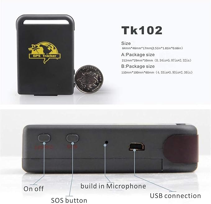 Eaglerich Vehicle GPS Tracker Real Time GSM GPRS GPS Tracker TK102B Car Tracking Locator Device Remotes Control Over Speed Alarm for Cars/Pets/Kids/ELD Men
