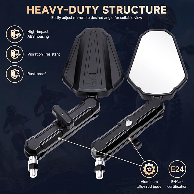 Adventure Motorcycle Mirrors - M8 M10 Black Foldable ATV Rear View Mirror, 7/8" Handlebar Side Mirrors, 360 Adjustable Ball-Head Compatible with Street Dirt Bike ATV Off-road Scooter Snowmobile