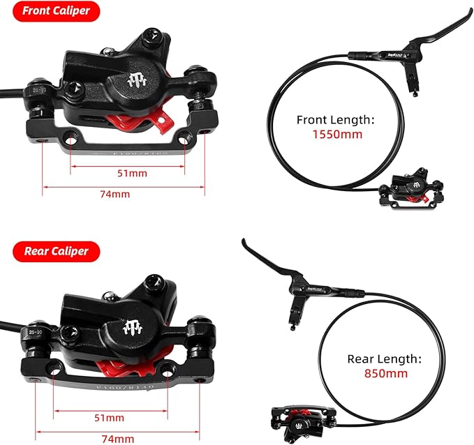 ZTZ MTB Hydraulic Disc Brake Set, Dual Piston Hydraulic Brake Kit with 160mm Rotors for Mountain Bike（Left Front 850mm and Right Rear 1550mm） (Front+Rear)