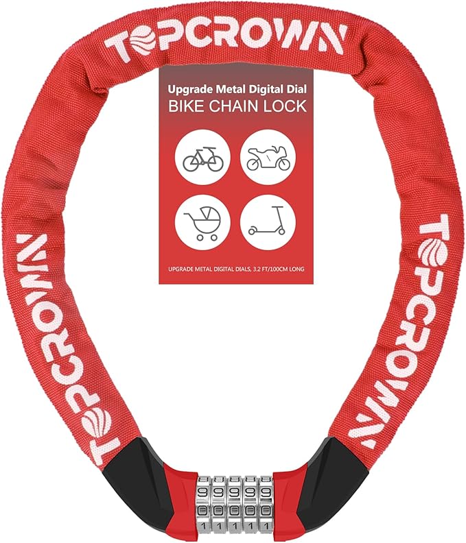 Bike Chain Lock Upgrade Metal Digital Dials 3.2Ft Long High Security Heavy Duty Anti Theft, 5 Digit Combination Keyless Bicycle Lock for Bike/Electric Scooter/Ebike/Motorcycle(Red)