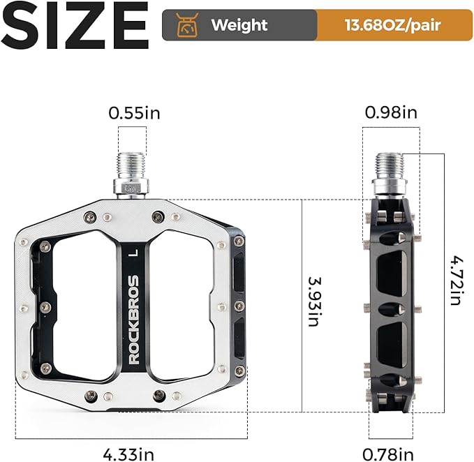 ROCKBROS Mountain Road Bike Pedals Durable CNC Machined Wide Flat Pedal Non-Slip Lightweight Aluminum Alloy，with Smooth Sealed Bearings for 9/16" Bicycle, MTB, E-Bike