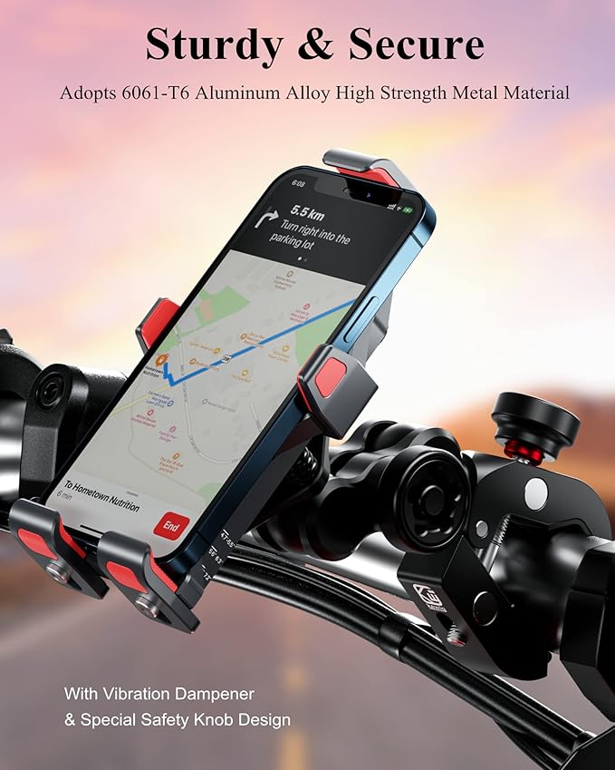 BRCOVAN Metal Anti-Theft Motorcycle Phone Mount with Vibration Dampener & High-Speed Secure Lock, Adjustable Aluminum Alloy Motorcycle Cellphone Holder for Bike Scooter ATV UTV Fit 4.7''-7.2'' Phones