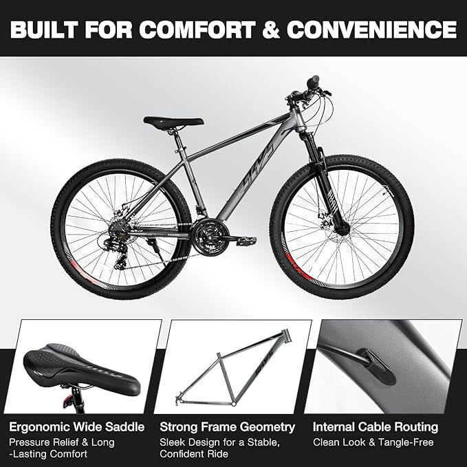 Convend 24/26/27.5" Mountain Bike for Adults, 21-Speed Twist Shifters, Lockout Suspension Fork, Dual Disc Brakes, High-Carbon Steel Frame, All-Terrain Tires, 85% Pre-Assembled