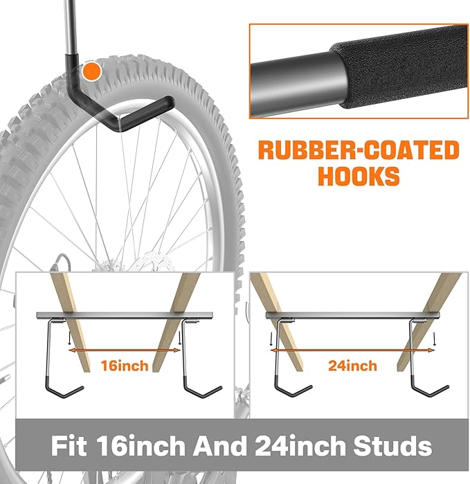 TORACK Overhead Bike Rack for Garage, Ceiling-Mounted Bicycle Storage Hooks for 2 Bikes (Horizontal) or 4 Bikes (Vertical), Adjustable Bicycle Hooks for Mountain, Road Bike