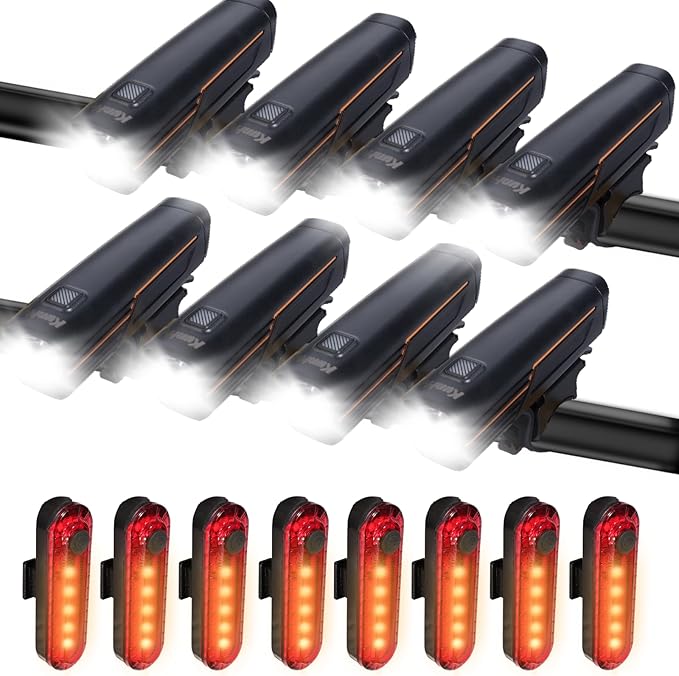 KunHe 227 Lumens 1600mAh Bike Light Set (1or2or4 or 8 Packs) Rechargeable Front & Rear Bicycle Lights with IPX4 Waterproof 4 Modes for Night Cycling
