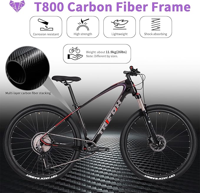 TRIFOX Carbon Fiber Mountain Bike,29er Carbon Mountain Bike with Shimano M6100 Deore Groupset 12-Speed,Carbon Fiber Frame,Hydraulic Fork 130mm Travel,/17/19 inch