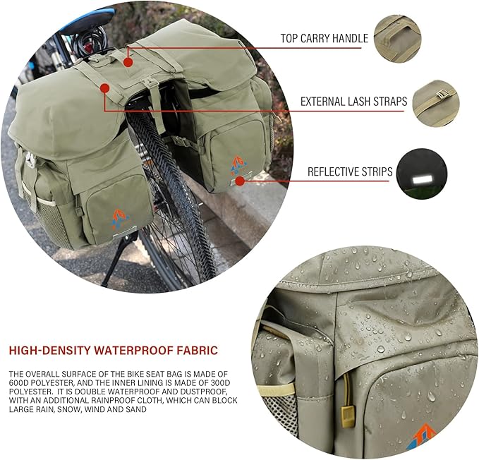 Large Saddle Bags for bike,Waterproof 50L Panier bag for Bicycles/MTB/E-Bike,Bike Trunk Bag With Reflective Stripes (Army green,50L)