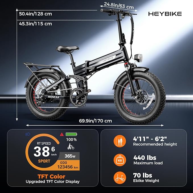 Heybike Mars 2.0/3.0 Foldable Electric Bike, UL2849 Certified, 70+Miles Long Range, 1400W/1800W Peak Motor 32MPH, 624WH Removable Battery, 20"*4 Fat Tire Ebike for Snow, Commute, Full Suspension