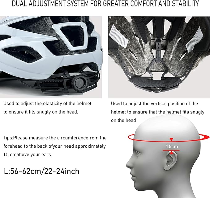 Bike Helmet for Adult Men Women with Multi-Mode Rear LED Light, with Suggested Fit 56-62cm, Lightweight with Adjustable Dial, Side and Chin Strap, Carbon Black Shiny Surface
