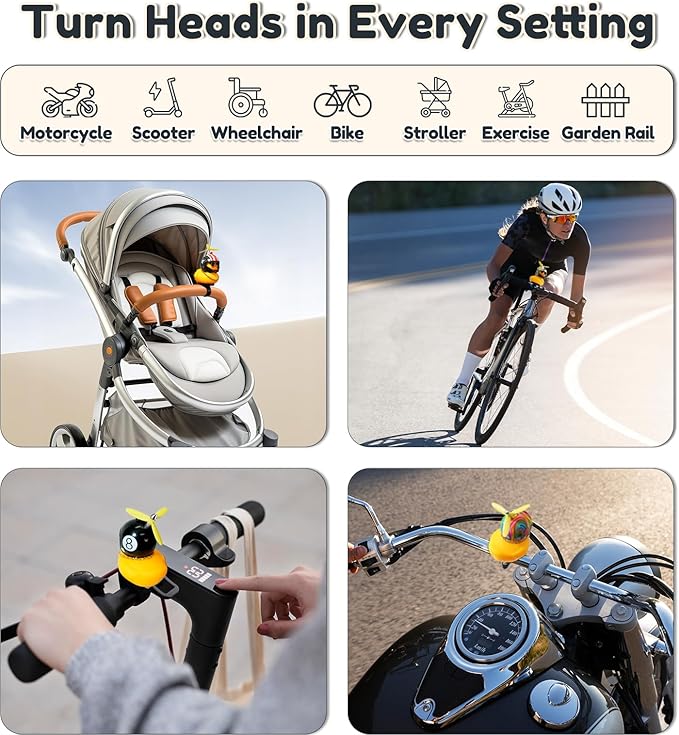 Rubber Duck Bike Decorations [New Stable Clamp Mount] Cute Squeak Duck Bike Bell [Two Helmet Propeller] Funny Bike Accessories E Scooter Motorcycle Cycling Gifts