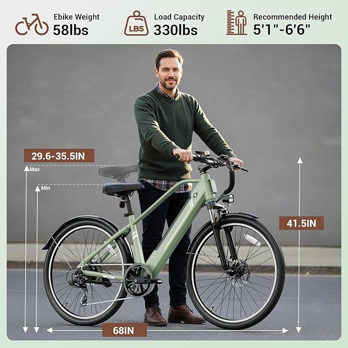 Electric Bike for Adults, Ebike 1000W Peak Motor, 25MPH Commuter Ebike, Up to 40 Miles Range, 26" Electric Bicycle for Adults with 375WH Removable Battery, All-Terrain E-Bike for Leisure(Green)