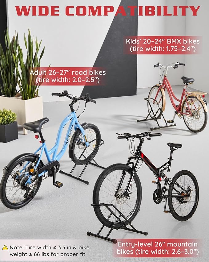 Upgraded 3.3"Wide Tire Floor Bike Stand Rack, Heavy Duty Garage Indoor Bike Storage, Fits 20"-27" Wheels, Kids Road Mountain Bikes, 66lbs Max Load, Anti-Slip Rubber Base