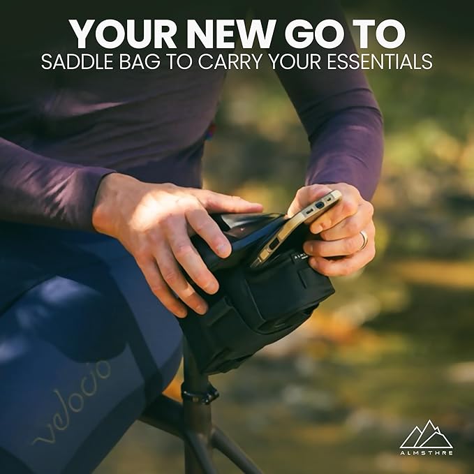 ALMSTHRE Signature XL Bike Saddle Bag - Midnight Black | 1.0L Bike Seat Bag (6.5" x 3" x 3") | Water-Resistant Ripstop, Waterproof Zipper, Internal Phone Sleeve | Under Seat Storage