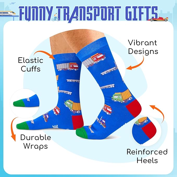 Zmart Transportation Gifts for Adult - Train Race Car Truck Bicycle Motorcycle Socks for Men