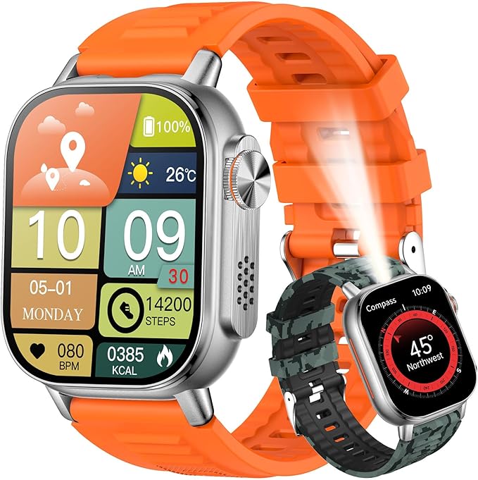 KPEP Military Watches for Men (2 Straps), 2.01" Fitness Tracker Watch with LED Flashlight, 100 Days Battery, Compass, SpO2 Heart Rate Monitor, Sleep Tracking, Reminders, Military Watch for iOS Android