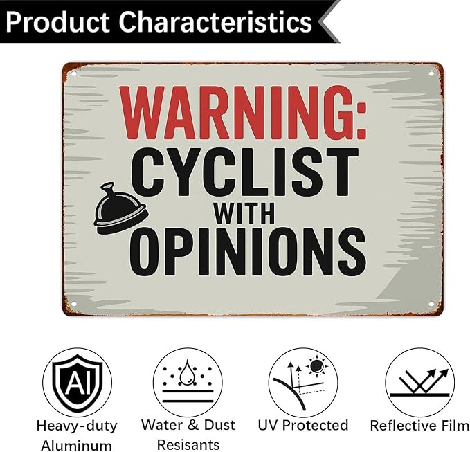 Warning Cyclist With Opinions Left Bell Cycling Vintage Funny Wall Decor Retro Metal Sign Poster for Garage Man Cave Bathroom Bedroom Farm Inspirational Popular Wall Art 8x12 Inch Signs Posters