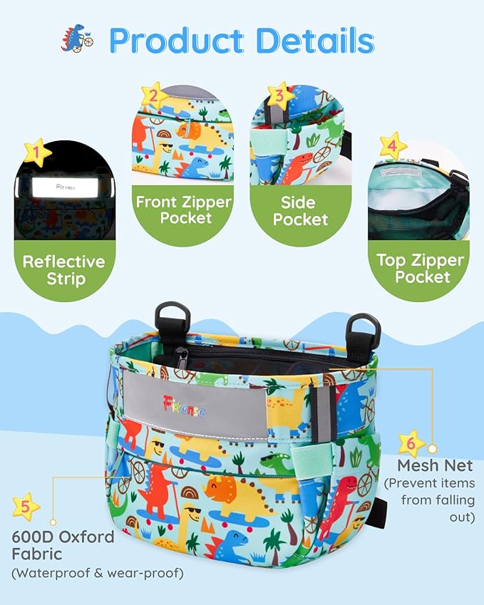 Kids Bike Basket, Bicycle Basket Front Handlebar, Waterproof Cute Fabric Children's Bike Basket, Kids Bike Accessories Fit Most Boys, Girls, Toddlers Bike or Scooter, Easy to Install