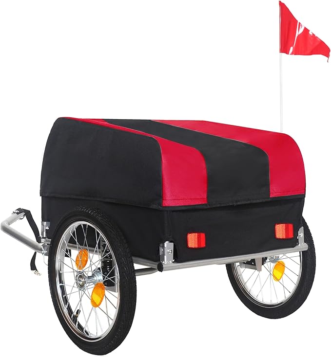 Heavy-Duty Bike Cargo Trailer with Removable Waterproof Cover – 88 lbs Capacity, 16" All-Terrain Wheels & Foldable Design for Camping, Groceries, Hauling Essentials, Black+Red