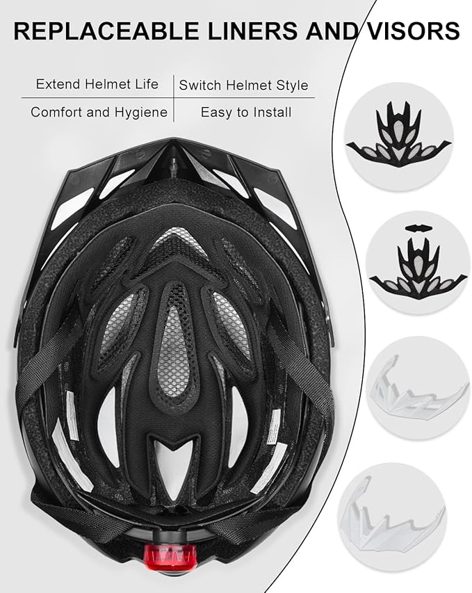 KINGBIKE Bike Helmet for Adult Men Women Youth Road Commute Mountain Cycling Helmets with USB Rechargeable Light Replaceable Padding and Visors Lightweight 20.4-23.6in