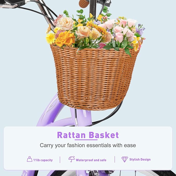 26 Inch Folding Beach Cruiser Bike for Women, 7-Speed Ladies Bike with Basket & Rack, Perfect for City Commuting's Bicycle, Ideal for Women and Adults
