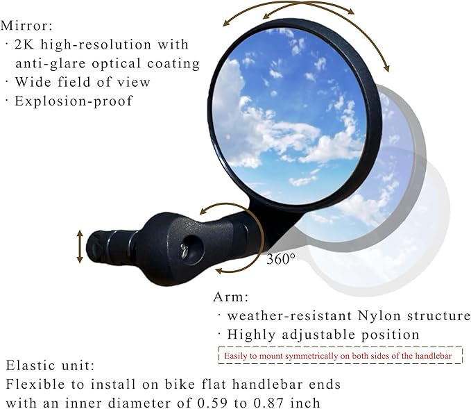 Generic Bike Handlebar-End Rear View Mirror, 2K HD Anti-Glare capability up to 50%, Shatterproof, Nylon Fiber Frame, Adjustable, 15-22mm Handlebar Fit (Silver, EV001S)