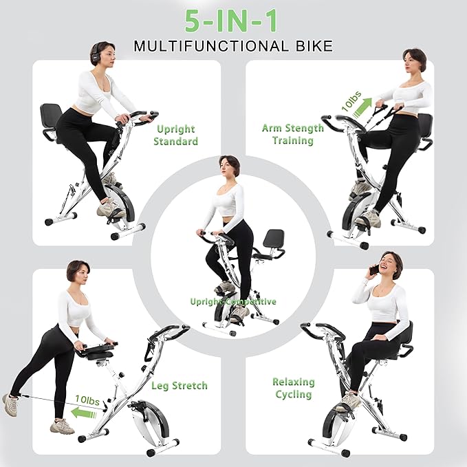 BARWING Stationary Exercise Bike for Home Workout, 5 IN 1 Foldable Indoor Cycling Bike for Seniors, 350LB Capacity, 16-Level Magnetic Resistance, Seat Backrest Adjustments