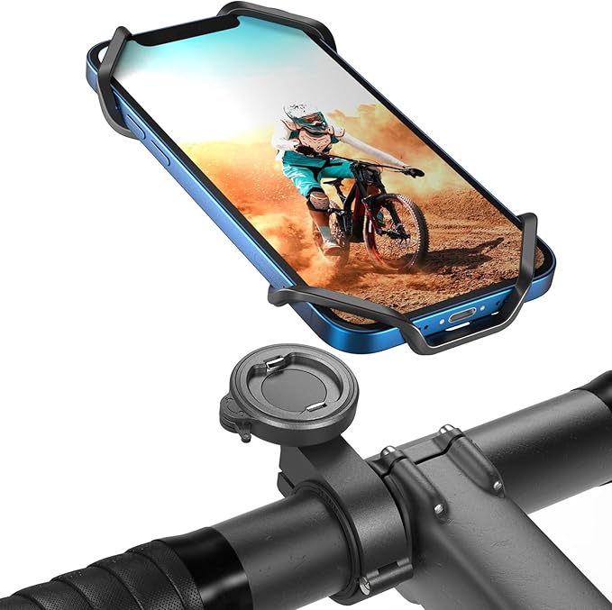Bike Handlebar Phone Mount with Shockproof Silicone Grip – Quick-Lock Aluminum Out-Front Holder with Dual Safety Buckles & Elastic Strap, Fits 4.0”–6.7” Phones – Secure Fit for Road & Urban Rides