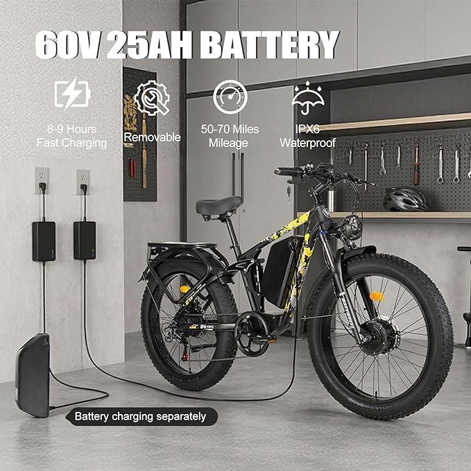 8000w Electric Bike for Adults, 60V 32Ah Battery Ebike, Fat Tire & Long Range Electric Bicycles, 210Nm Mountain Bike Full Suspension, Hydraulic Brake Electric Bicycle