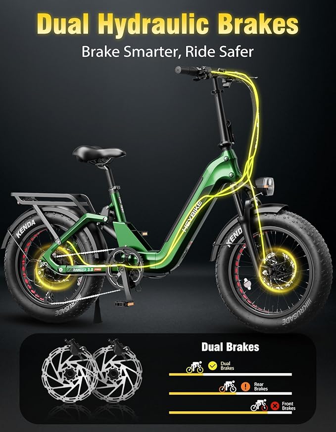 Heybike Ranger Foldable Electric Bike for Adults, 1200W/1800W Peak Motor, 28/32MPH E Bike, 55/90 Miles Range, 20"x4.0" Fat Tire Ebike with Removable Battery, Hydraulic Brakes for Snow, Beach,Commuting
