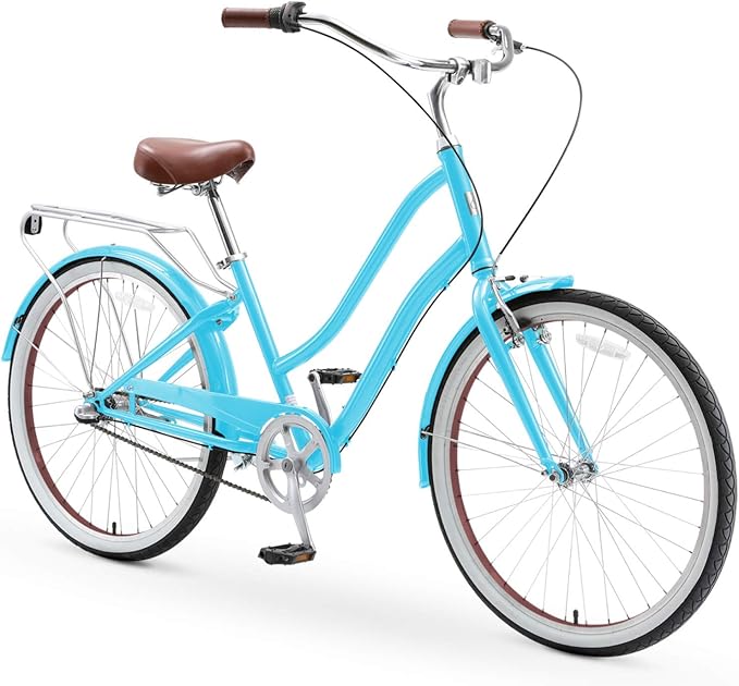 sixthreezero EVRYjourney Women's Steel Beach Cruiser Bike, Hybrid Bicycle, Step Through Frame with Rear Rack and Fenders, 26-Inch Wheels, Multiple Speed Options and Colors