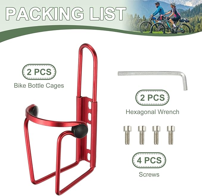 Water Bottle Cage, Bike Water Bottle Holder, Lightweight Aluminum Alloy Bicycle Cup Cage with Beads & Screws Tool - Fitting for (Road/MTB Cycling/Touring Bike) 2 Pack & Red