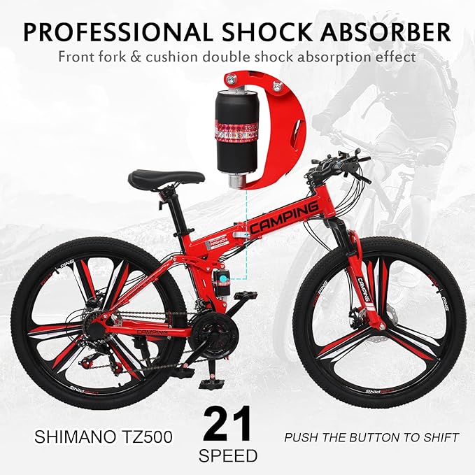 Ktaxon 26 Inch Foldable Mountain Bike, 21 Speed Folding Mountain Bike with Double Shock Effect, Powerful Mechanical Dual Disc Brakes, Unique Design and Ergonomic Frame & Cushion