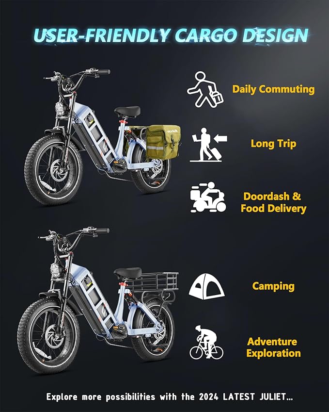 2025 eAhora Juliet Pro 2 5400W/1200W 43/34MPH Dual Motor | 60V 70Ah/52V 60Ah 200-220+Miles Long Range Ebike for Delivery and Commuting | 20'' Fat Tire Full Suspension Electric Bike for Adults