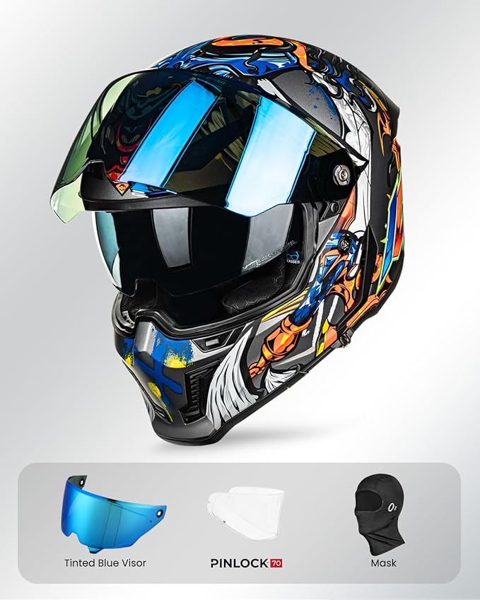 ILM Motorcycle Helmets for Adult Men Women Full Face DOT ECE Powersports Dual Visor Street Racing Helmet with Pinlock Cascos para Motos Model MF509 (Ronin Blue, S)