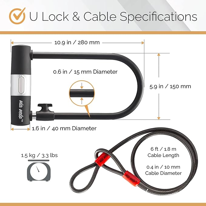 Via Velo 2 Electric Bike Bike Lock Set | Same Key System 4 Keyed Alike keys, Heavy-Duty Hard Steel | 33.5" Folding Lock | 11" Bicycle ULock | 6' Cable | for Electric Bike Fat Tire Scooter Folding Bike