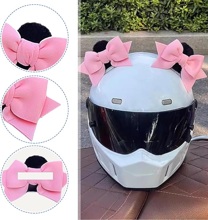 2 PCS Bow Ears Motorcycle Helmet Decor, Cute Cartoon Cat Ears Helmet Decoration, Removable Self Adhesive Motorcbike Bow Accessories, Universal for Most Ski, Bike & Motorcycle (Pink)
