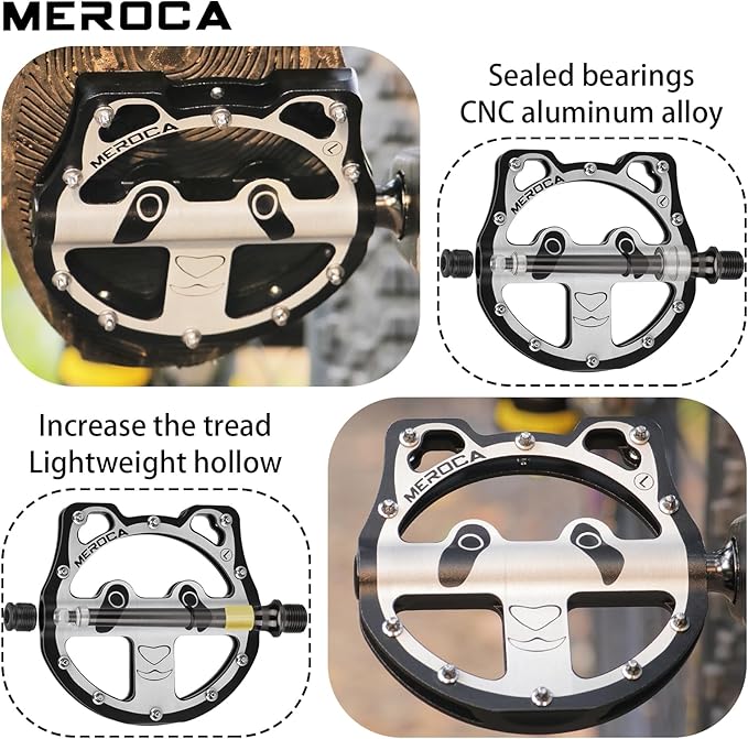 MEROCA Panda Bike Pedals (3 Bearing/DU+Bearing) - 355g CNC Mountain Pedals with Chromoly Spindle, Non-Slip Pins for MTB/Road Bicycle