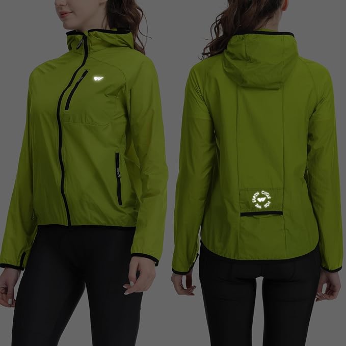 Wulibike Windbreaker Jacket Women Lightweight Rain Jacket Packable Reflective Hooded For Cycling,Hiking Outdoor Sports
