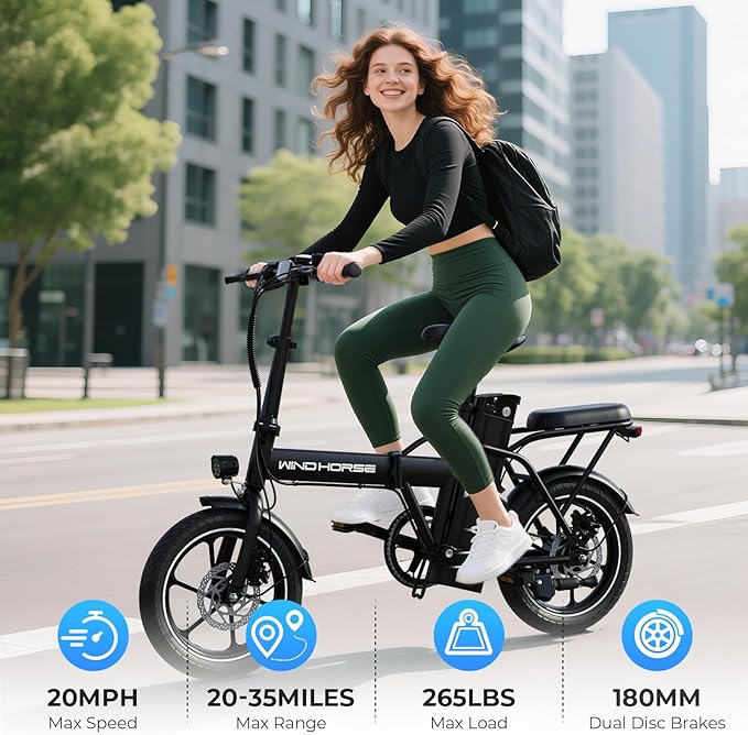 WINDHORSE 16" Folding Electric Bike for Adults, 630W Peak Electric Bicycle, 20MPH, 20-35 Miles Range, 288Wh Removable Battery, UL2849 Certified Commuter Ebike