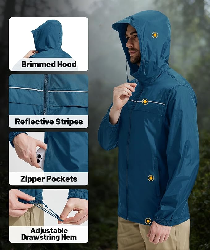 SWISSWELL Mens Rain Jacket & Coats Packable Lightweight Waterproof Windbreaker Hooded for Golf Cycling Hiking