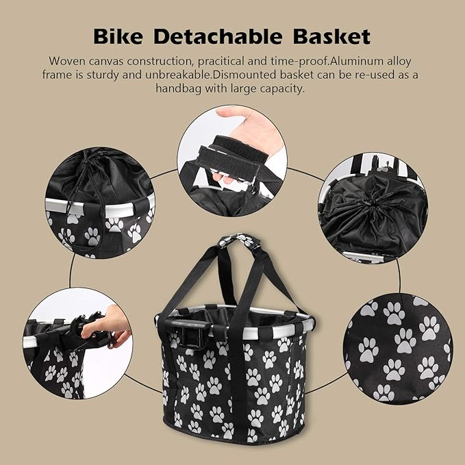 Lixada Bike Basket, Small Pet Cat Dog Carrier Bicycle Handlebar Front Basket Folding Detachable Removable Easy Install Quick Released Picnic Shopping Bag, Max. Bearing: 11lbs