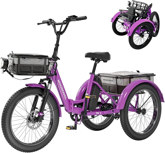 MOONCOOL Folding Electric Tricycle for Adults, 48V 500W 3 Wheels Electric Trike, Aluminum Frame 750W Electric Tricycle Adult Bicycle with Removable Battery, Front and Back Bags