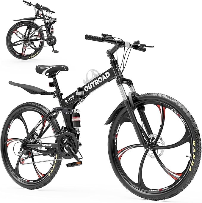 26 Inch Folding Mountain Bike, 21 Speed Full Suspension Bicycle Dual Disc Brake Non-Slip Quick Release tire for Adults Men Women(Balck/Pink/Green/Orange/White/Purple)