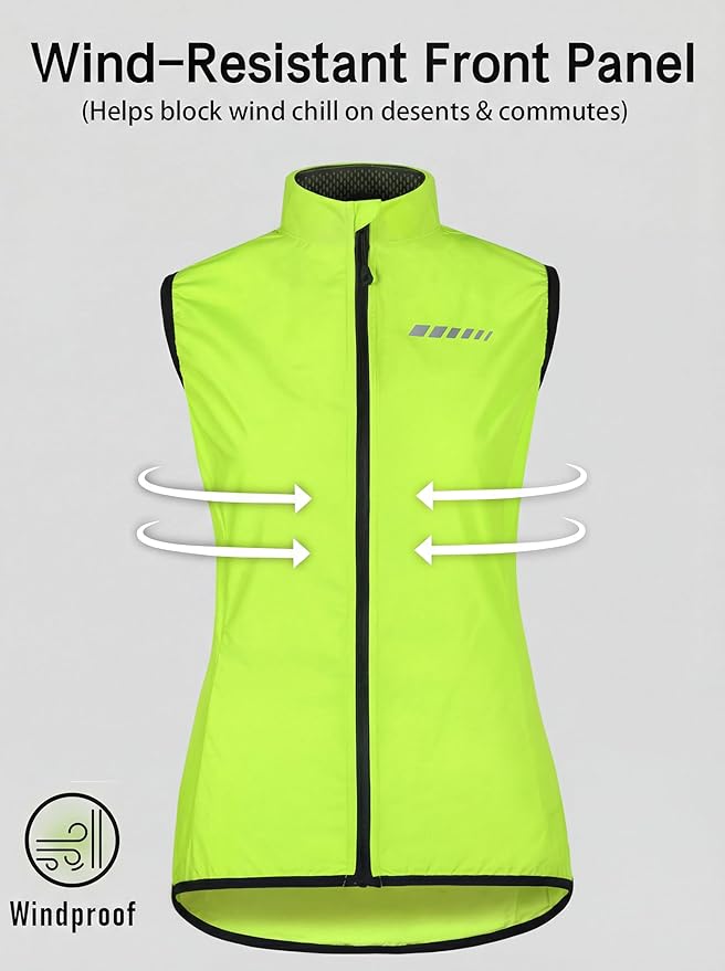 qualidyne Women's Windproof Cycling Vest, Lightweight Full-Zip Breathable Sleeveless Bike Jacket, 1 Back Pocket, Reflective