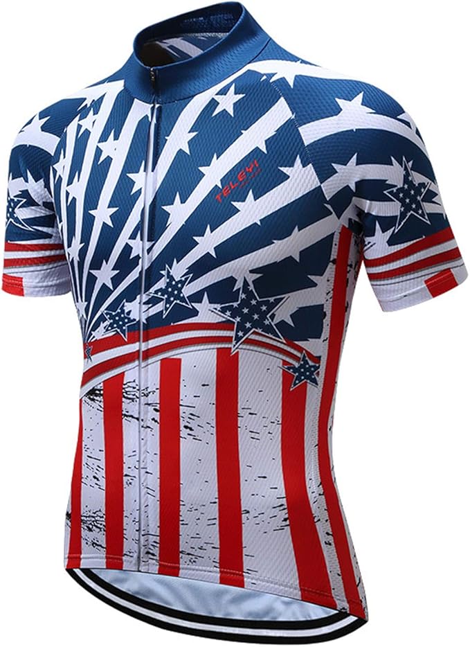 JPOJPO USA Cycling Jersey Men Short Sleeve Bike Shirts Biking Jersey Summer American Bicycle Tops with 3 Pockets Reflective