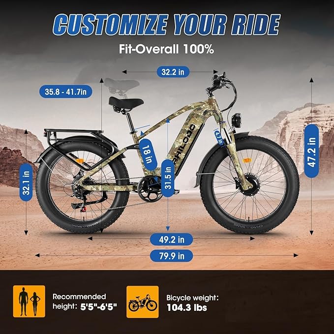 PHILODO Electric-Bike for Adults, Dual-Motor-Ebike Hunting-Ebike 5000W, 60V 32AH Long Range Dirtbike, Fat-Tire-Electric-Bicycle, Full Suspension for Off-Road Snow Sand