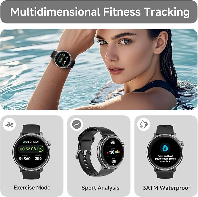 R5G Plus Smartwatch with GPS, Bluetooth Calling, Waterproof Design, Custom Faces, 110+ Sports Modes, Daily Health Tracking, Sleep Insights, Compass, Barometer and Smart Fitness Features (BLACK)