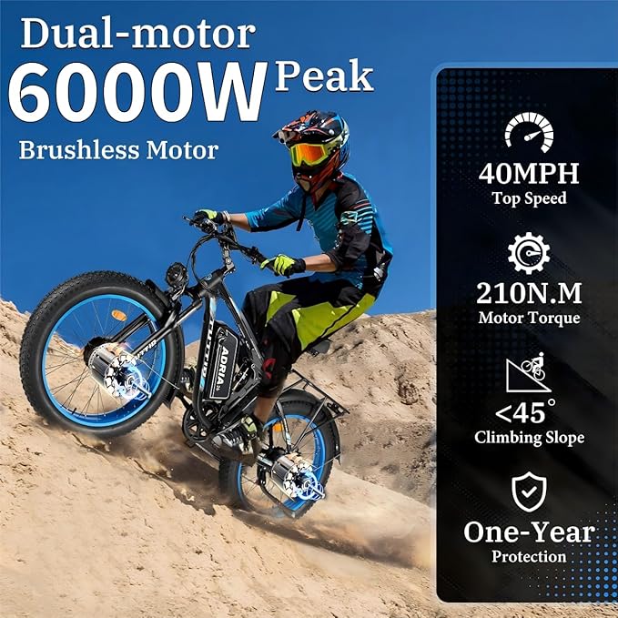 Tuttio Adria26 5000W/6000W Dual-Motor Ebike,40-46MPH Electric- Bike for Adults, 26 * 4" Fat Tire Electric Bicycle, 52V 25AH E-Bike Full Suspension Electric Dirt Bike for Off-Road Mountain Hunting